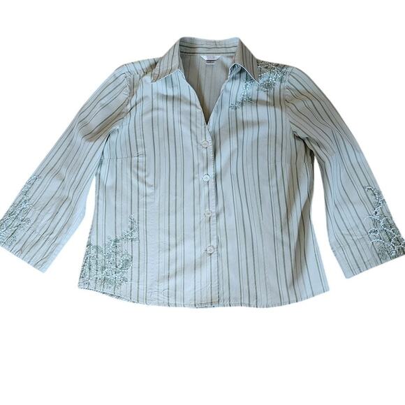 Christopher & Banks Green striped embroidered Blouse Size Small - Picture 1 of 6